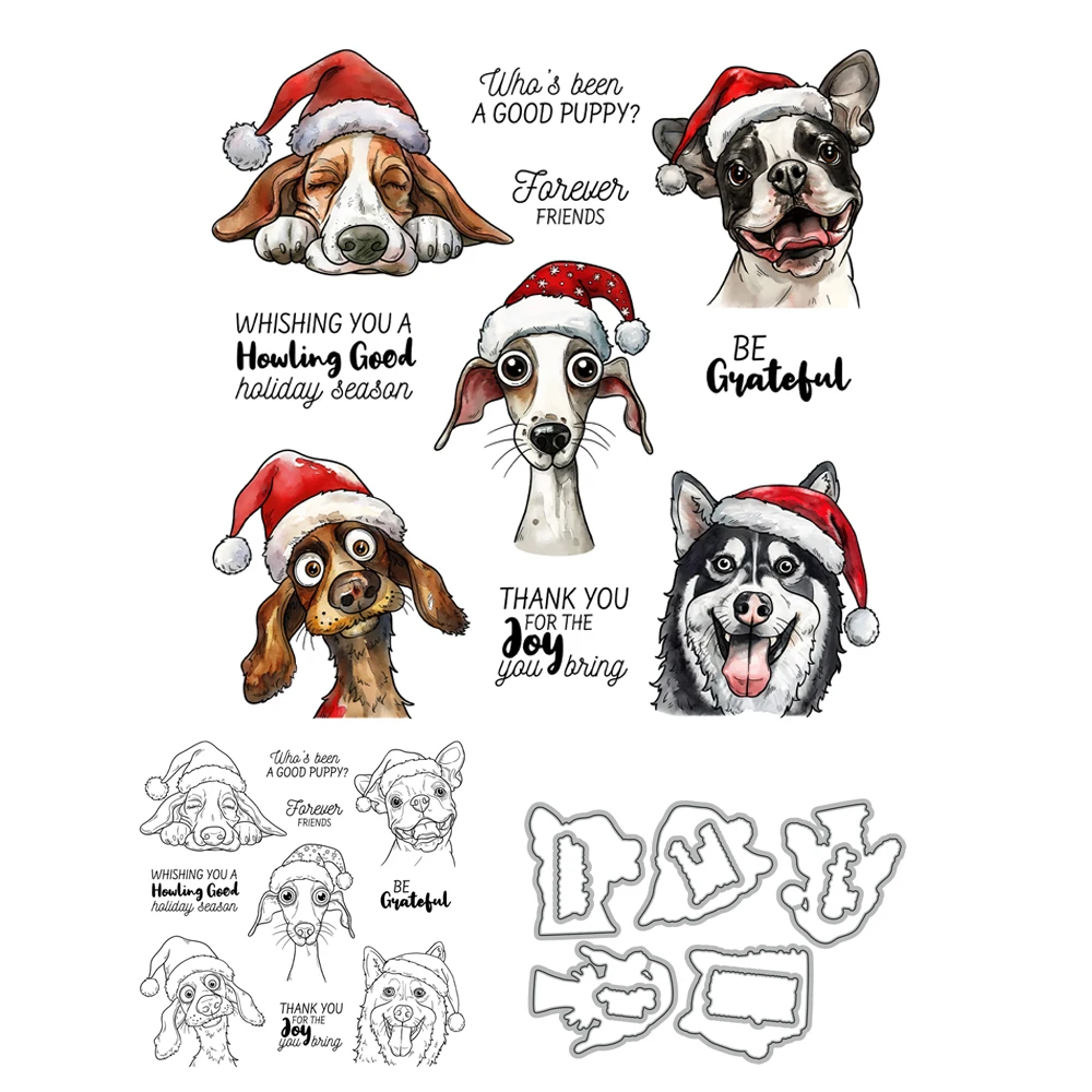 Mangocraft Cute Christmas Puppy Dogs Cutting Dies Clear Stamp DIY Scrapbooking Metal Dies Silicone Stamp For Cards Albums Decor