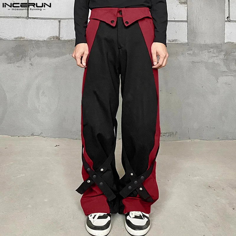 

INCERUN 2024 Korean Style New Men Trousers Patchwork Cross Design Long Pants Casual Streetwear Contrasting Color Pantalons S-5XL