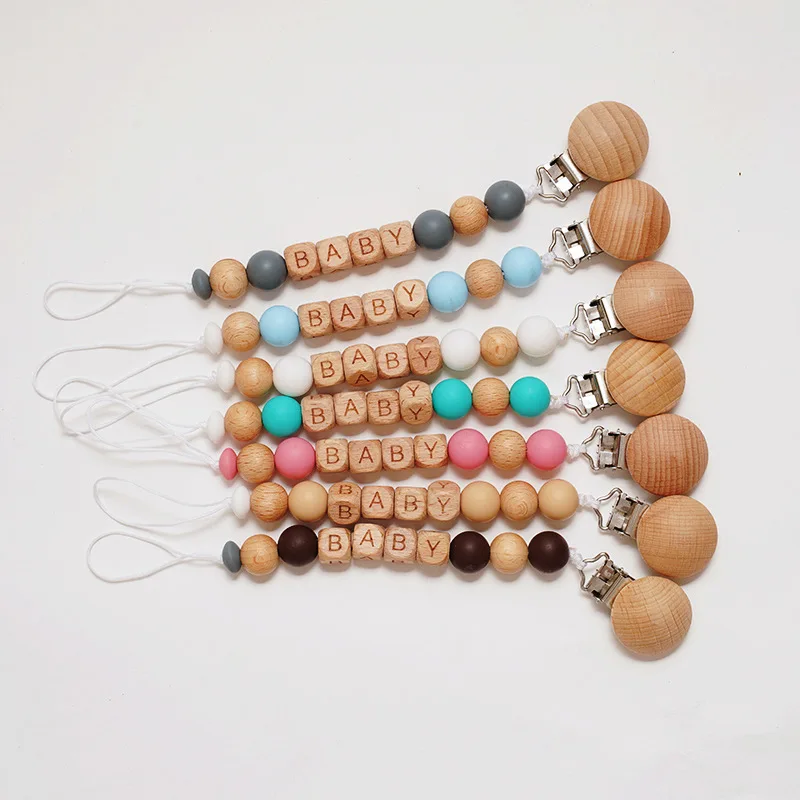

Baby Soothing Pacifier Chain Customizable Wooden Letter Beads Nipple Clip Pacifier Teether Chain for Newborn Gifts