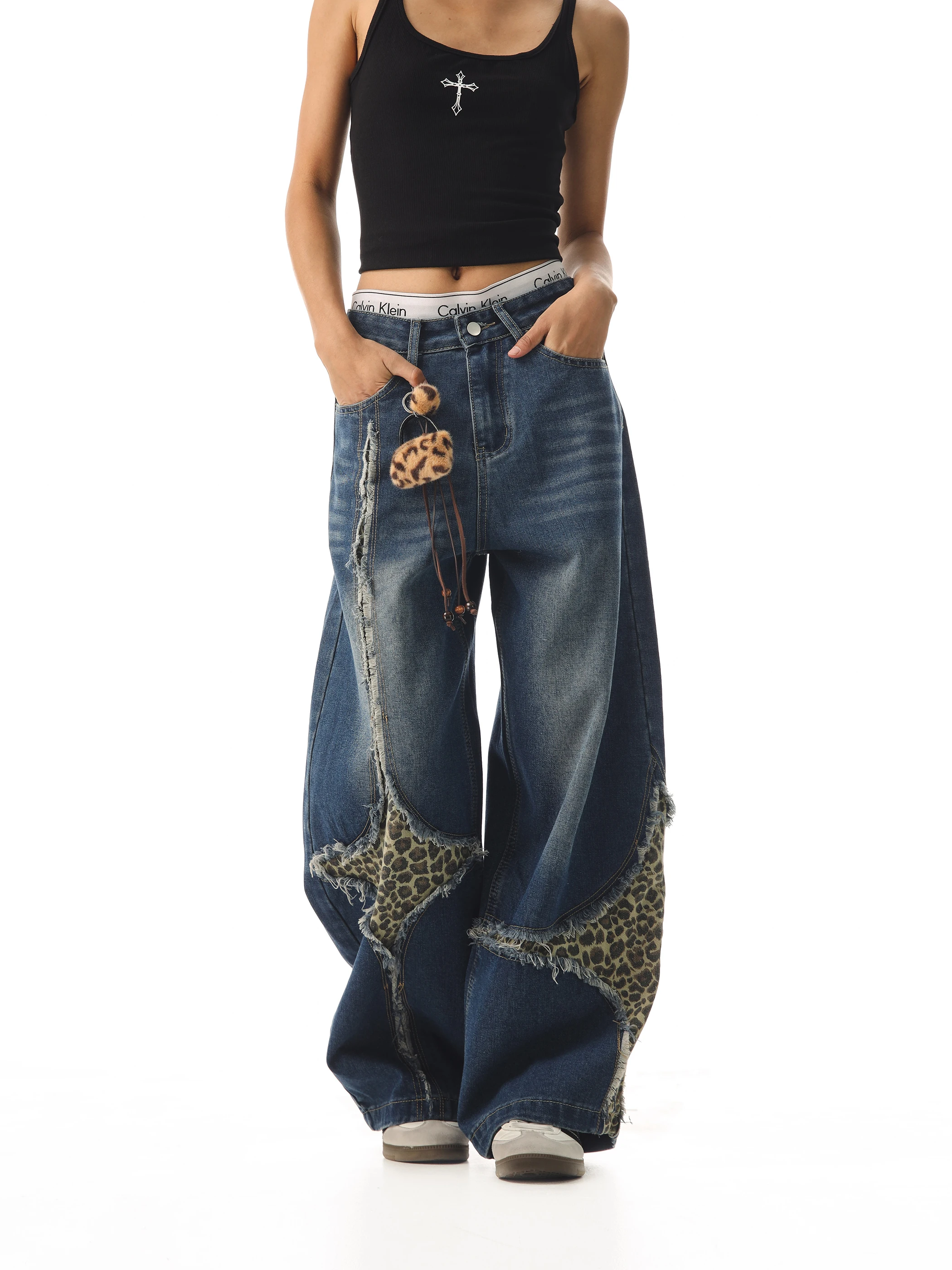 

Женские свободные джинсы с леопардовым принтом в стиле пэчворк, повседневные брюки в стиле вестерн, средний вес, не стрейч