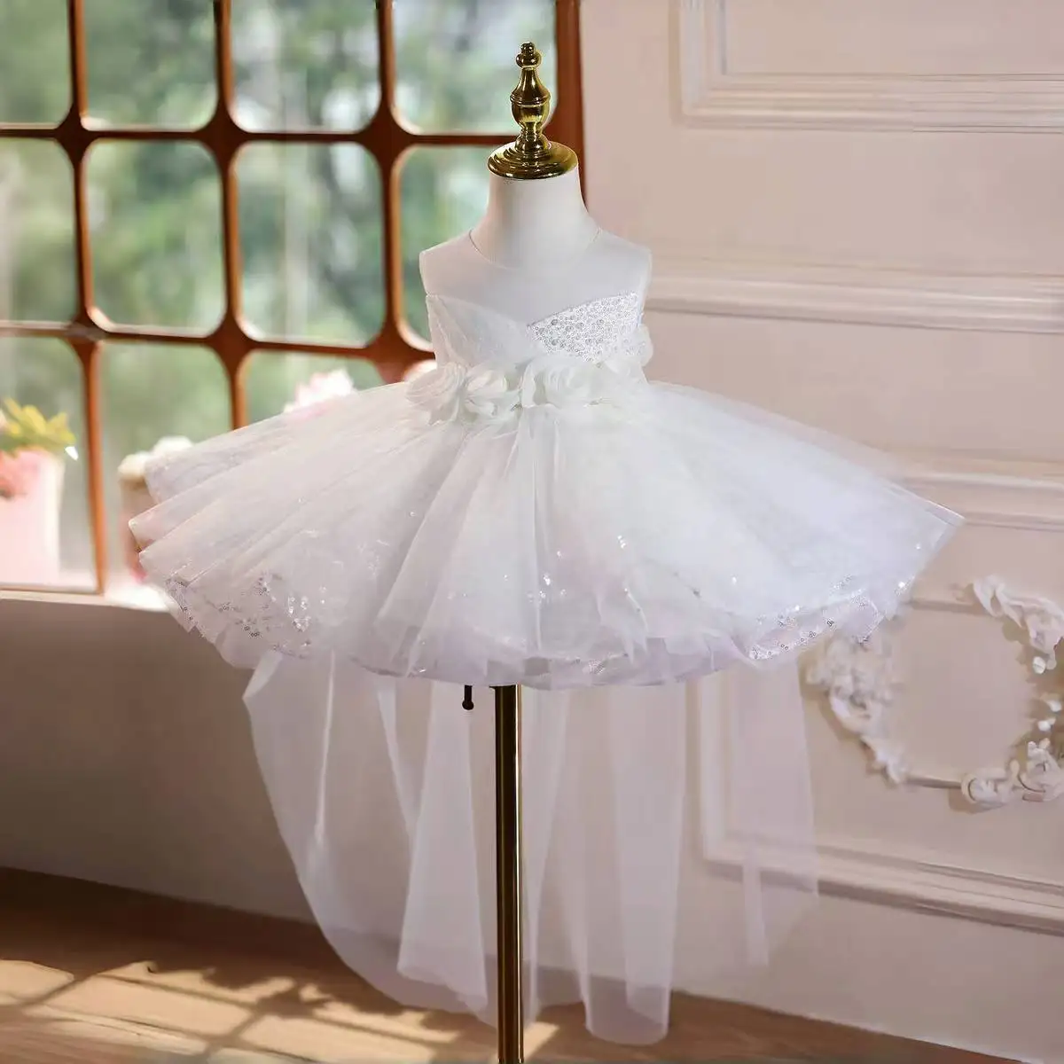 

Jill Wish J588 White Flower Girl Dress Flowers with Train Knee Length Princess Wedding 1st Birthday Party Pageant Festival Gown