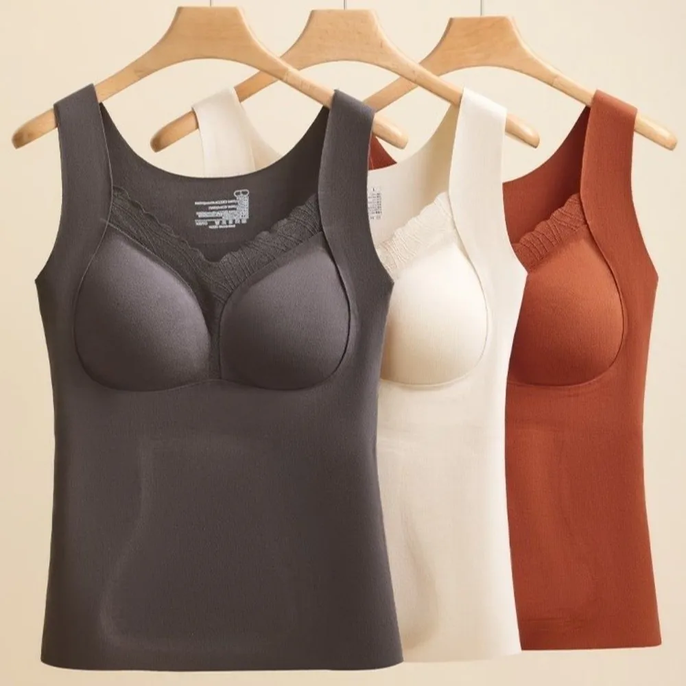Fashion Slim Fit Seamless Thermal Vest with Fix Pads Pullover Camisoles Tank Top Warm Intimates Bottoming Shirt Women Lady
