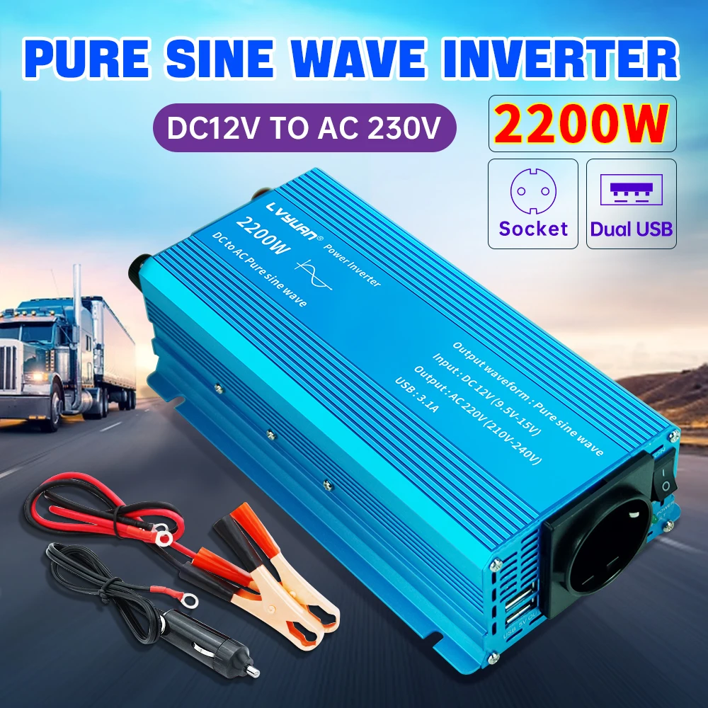 Pure Sine Wave 1000W 1500W 2200W DC 12V/24 To AC 220V Car Power Inverter Adapter Converter With 3.1A Dual USB EU/Universal