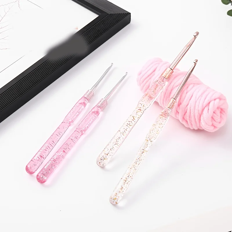 Glitter Transparent Resin Crochet Hooks Set Metal Fine Crochet Needles Small Sizes 2.0mm-6.0mm Ergonomic Handle Knitting Tools