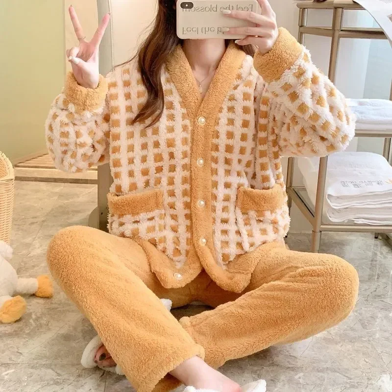 Флисовые домашние брюки, пижамы, ночной комплект, костюм, одежда для сна, модная женская одежда 2023, карманная пижама с v-образным вырезом, пушистая теплая зимняя клетчатая 2