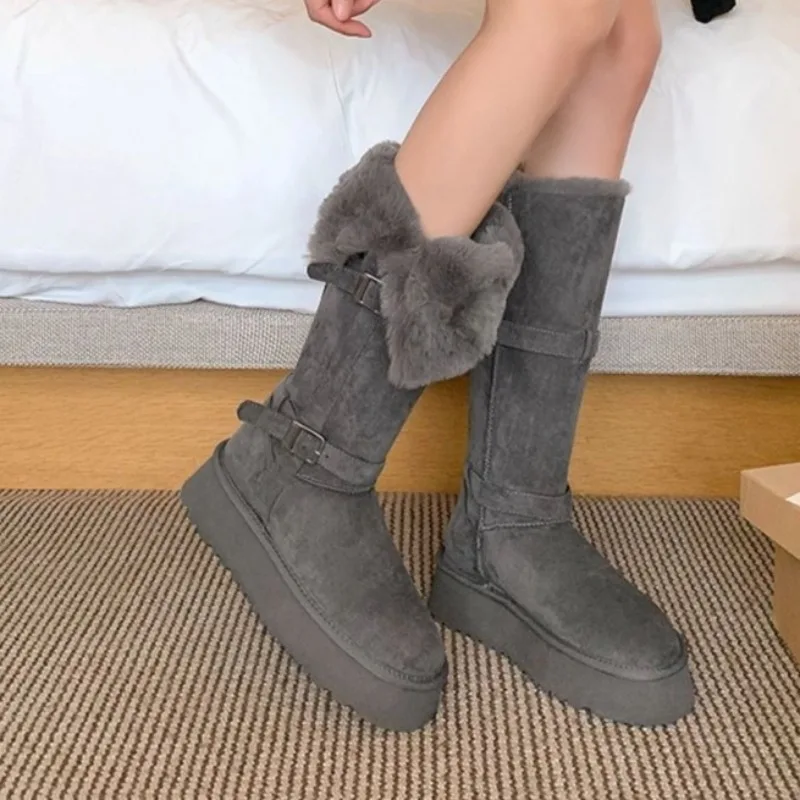 

Winter New High Warm Snow Boots Round Toe Suede Rivet Belt Buckle Sleeve Fleece Cotton Shoes