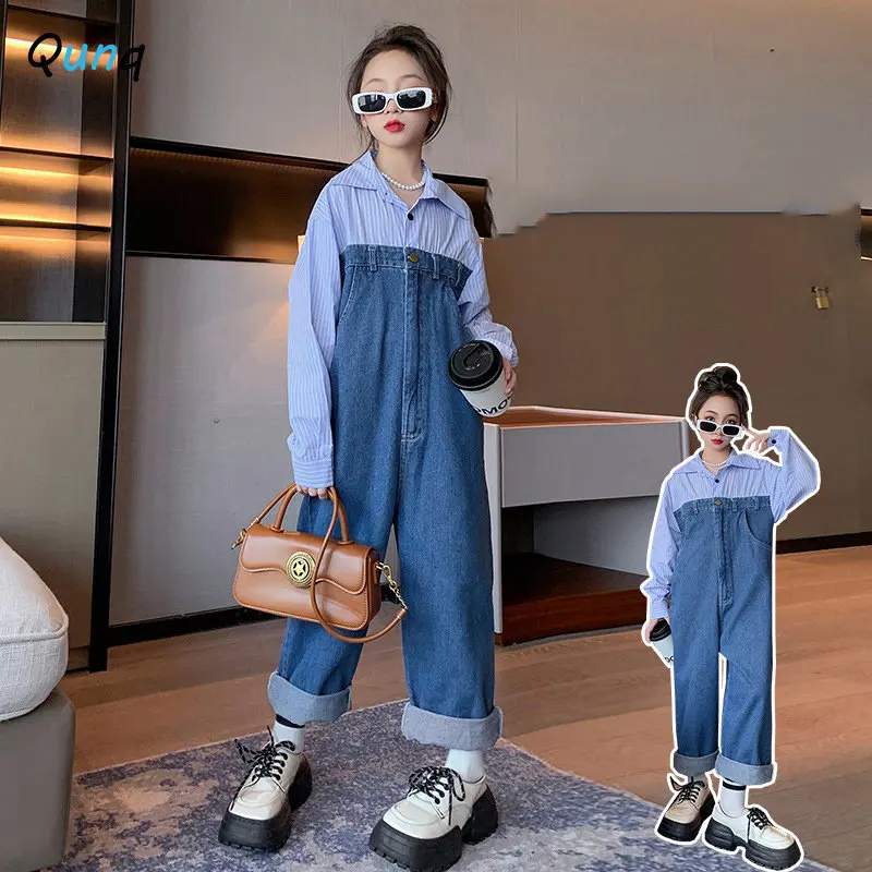 Qunq 2023 Spring Girls Turn-Down Collar Long Sleeve Cute Shirt Denim Spliced Long Jumpsuit Casual Kids Clothes Age 8 And Older