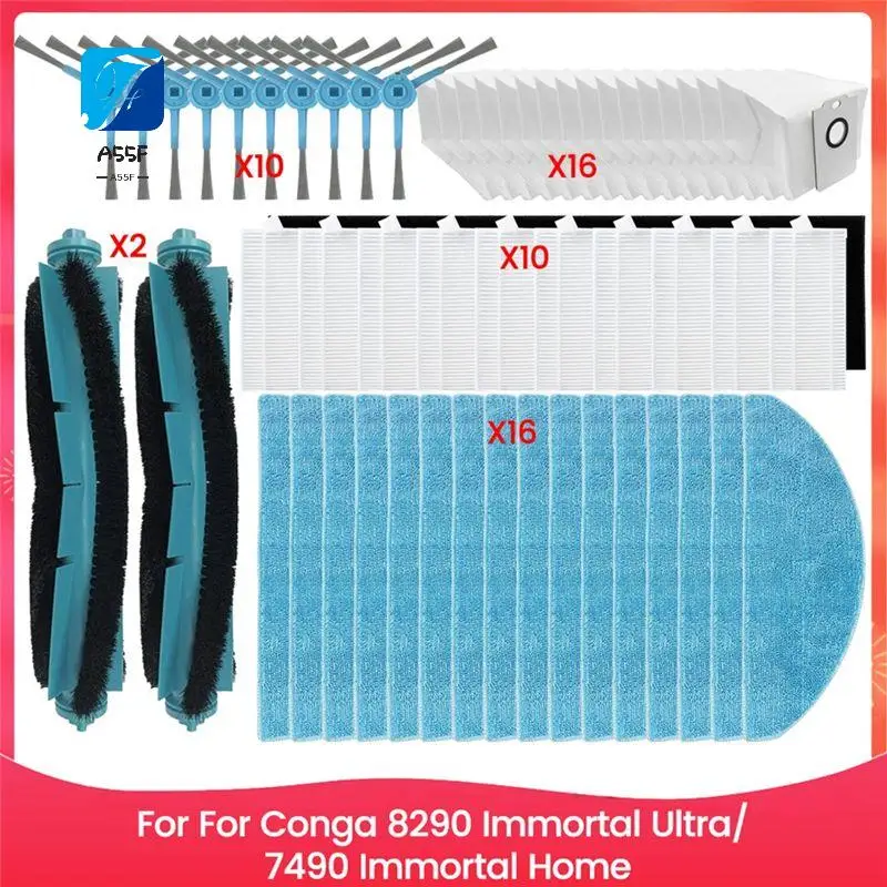 

A55F-For Conga 8290 Immortal Ultra/ 7490 Immortal Home Spare Parts Main Brush Side Brush HEPA Filter Mop Cloth Dust Bag
