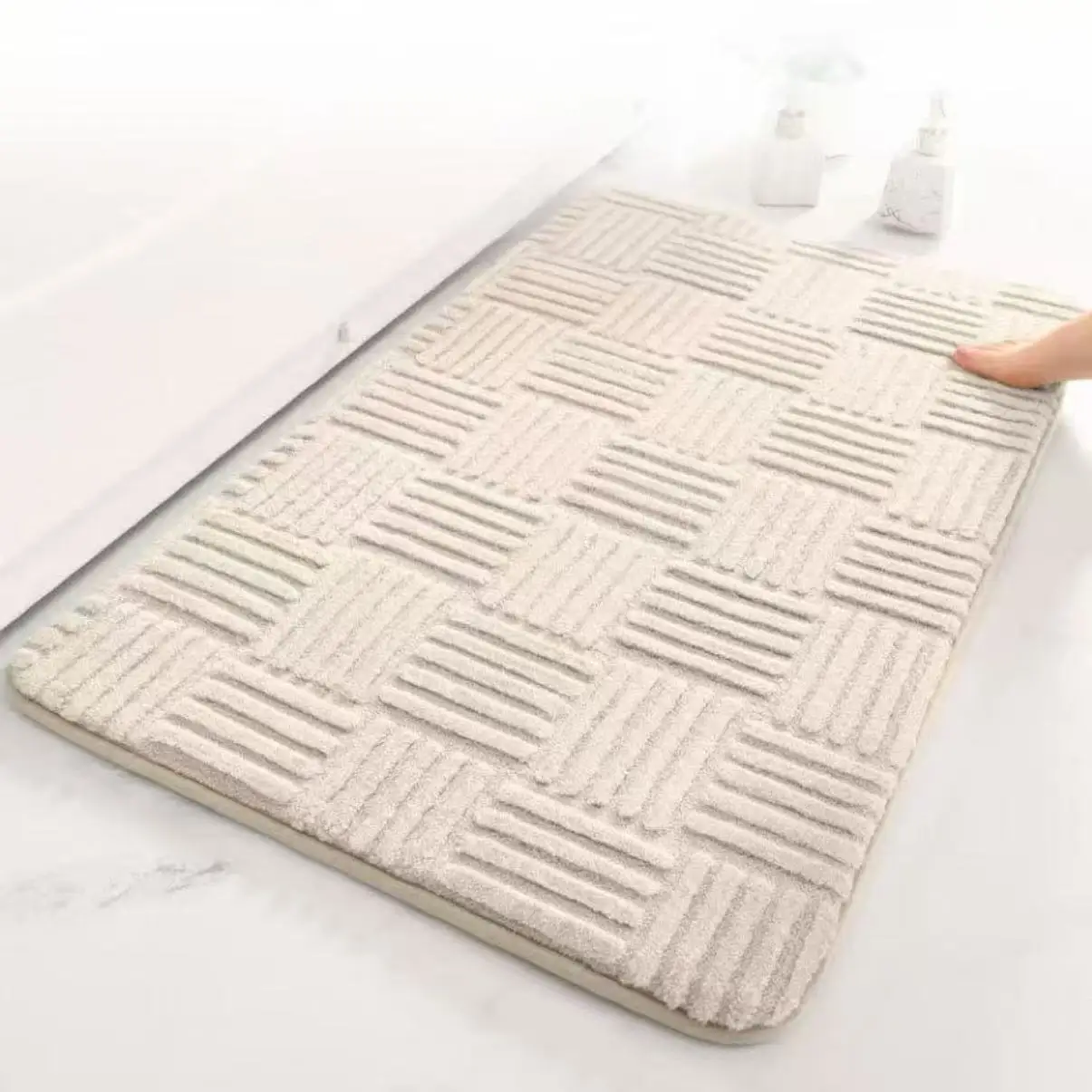 Thickened Absorbent Striped Floor Mat Solid Color Bathroom Carpet Bedroom Comfortable Cotton Velvet Non-Slip Mat Entrance Mat
