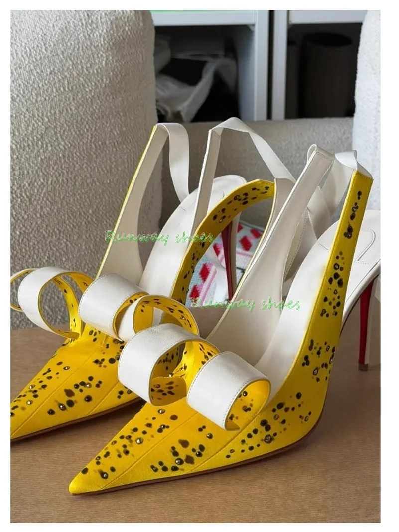 French Bright Yellow Pointed Stiletto Heels Banana Form Women's Shoes Silk Fabric Ankle Wrap Straps Banquet Women's Shoes 2026