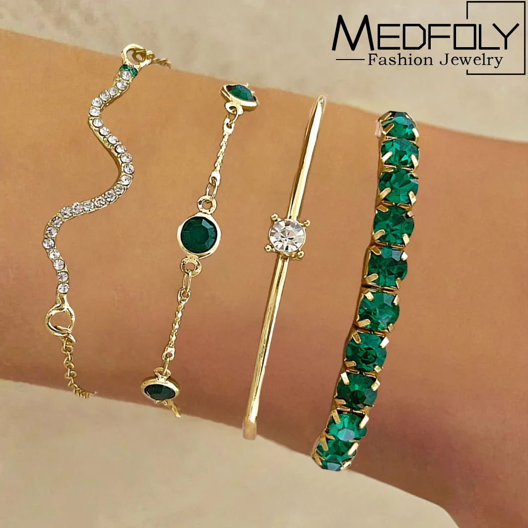 MEDFOLY ثعبان مجموعات أساور للنساء الأخضر حجر الراين كامل كومة معدنية الفضة تقليد الأحجار الكريمة عين الشر الإسورة مجوهرات هدايا
