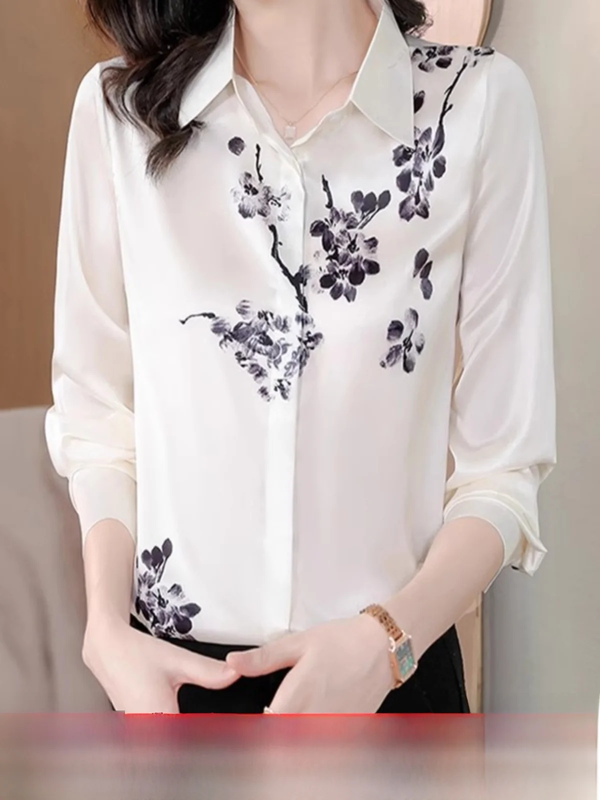 

High-End Silk irt for Women Printed Silk Loose Fit Long Sve Collar Regular Length Carrng Spring Season