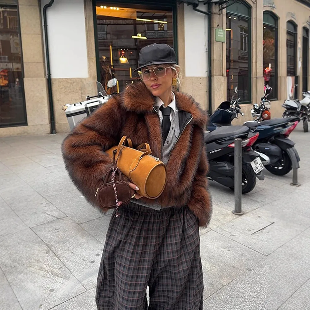 Chic Braun Winter frauen Künstliche Eco Pelzmantel Revers Kragen Zipper Faux Pelzmantel Für Dame Flauschigen Verdickte Weibliche Pelz jacke