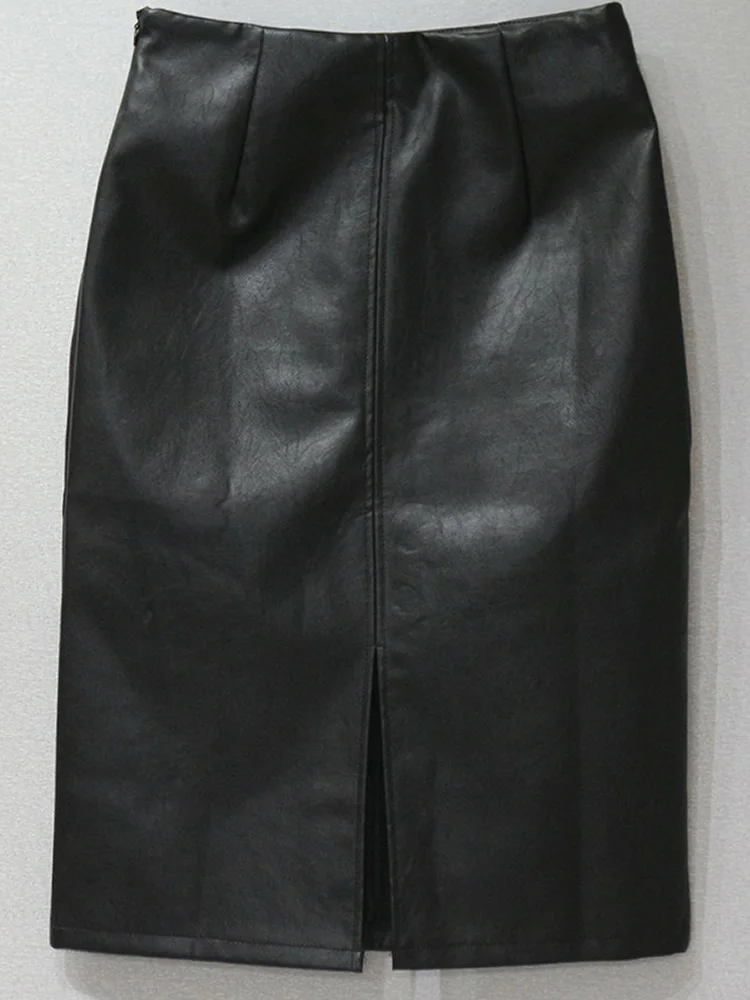 Donne PU Leather Split New Midi Sexy gonna a tubino nero Hiah vita aderente ufficio lunghezza al ginocchio autunno