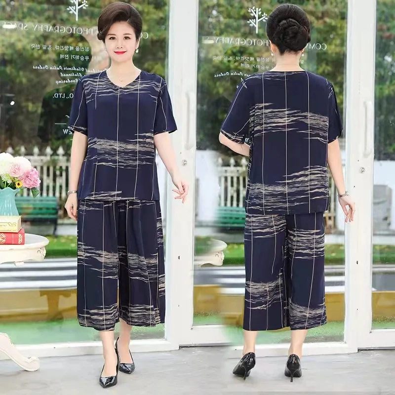 Middle-Aged Elderly Mother Pant Suit Short-Sleeved Large Size Grandma Clothes Loose Spring Summer Womens Two Peice Sets 2XL-8XL