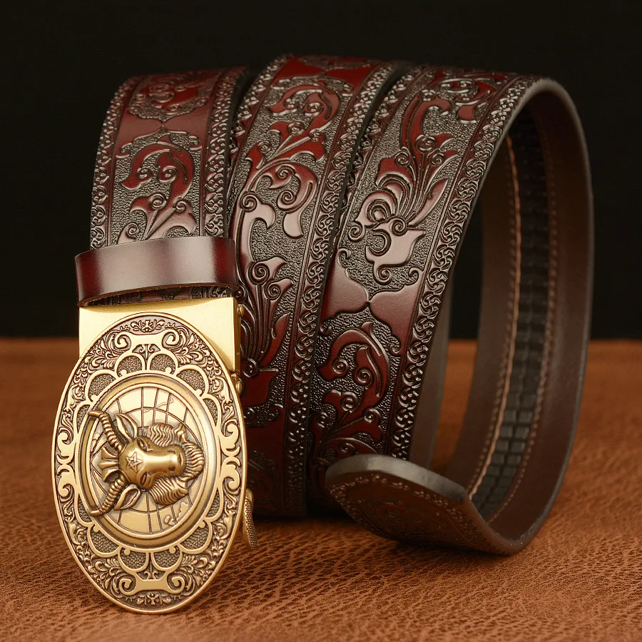 Cinturón de cuero genuino de alta calidad para hombres, cabeza de oveja Retro, hebilla automática, moda clásica, tallado personalizado, cinturón