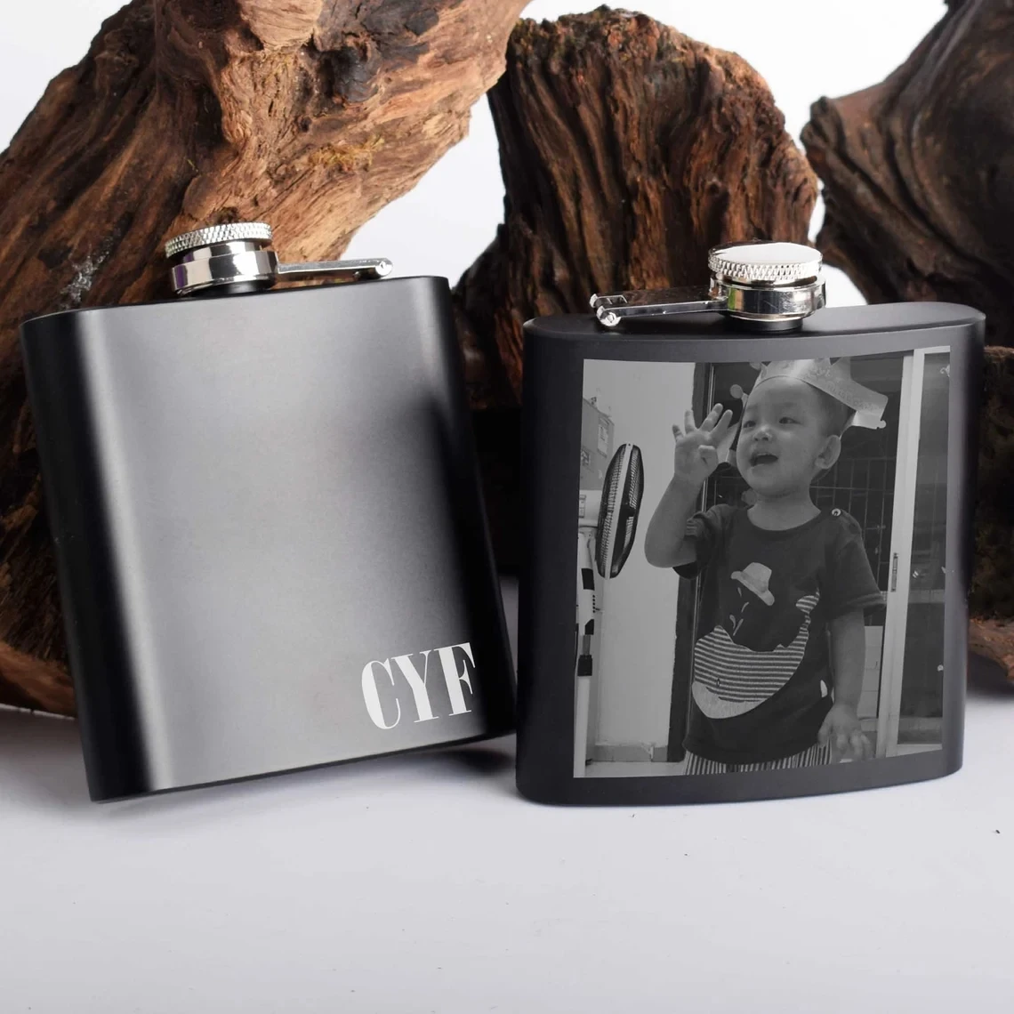 Stainless Steel Personalized Black Flask with Engraved Photo and Desired Text, Gift for Men