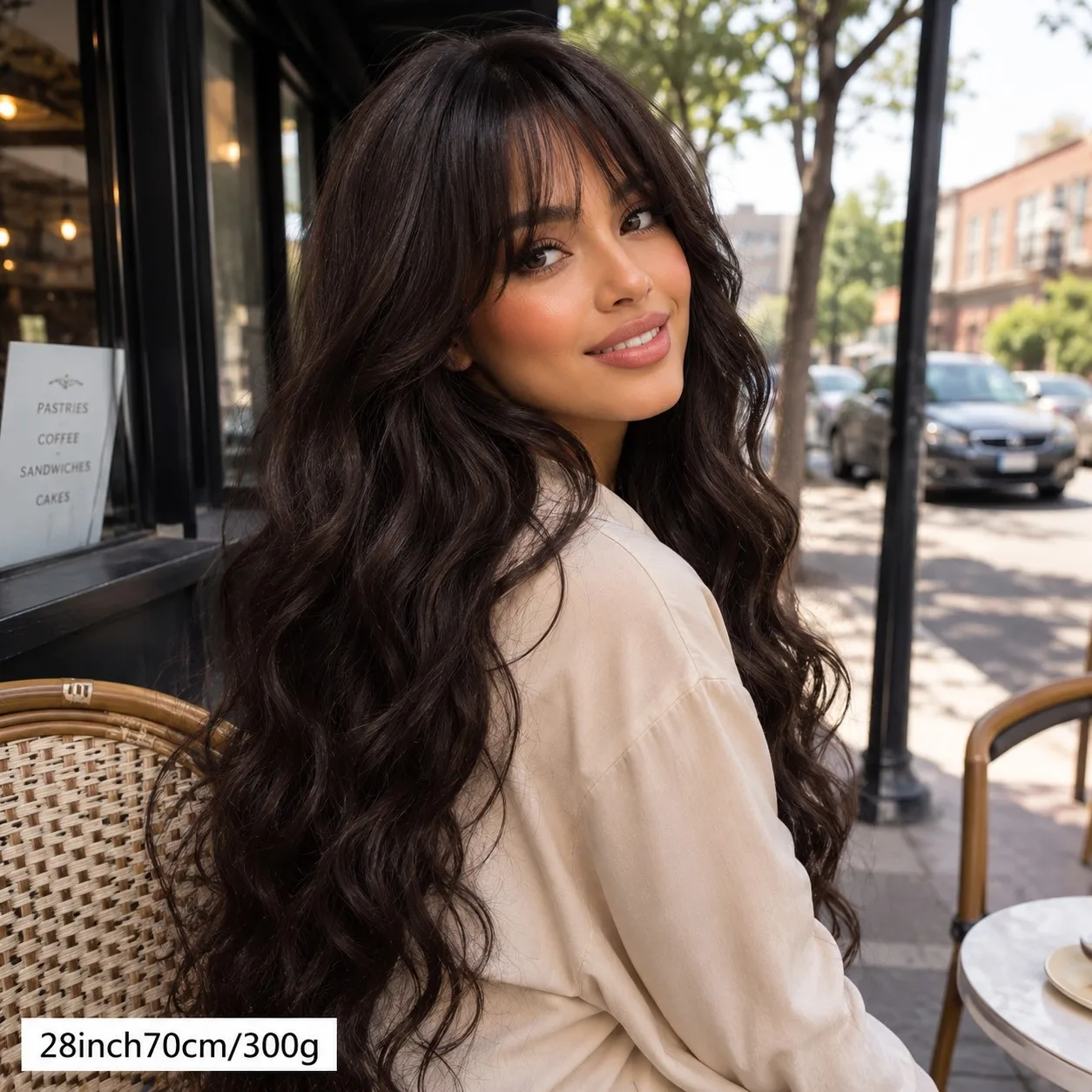 28-Inch dark brown long wavy wig with airflow bangs, rose mesh breathable cap, Halloween, Cosplay, parties and gifts