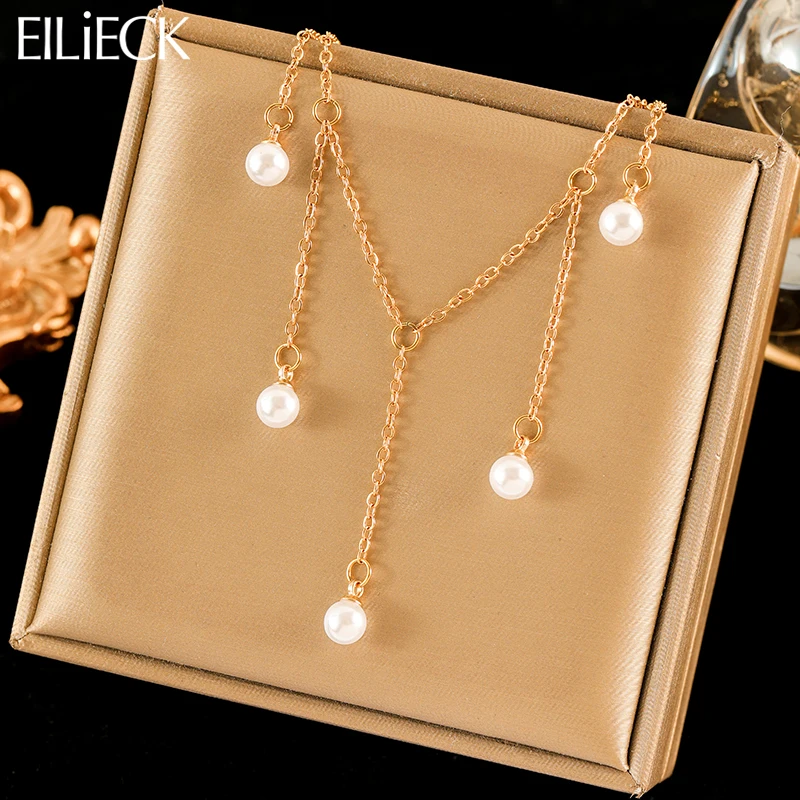 

EILIECK 316L Stainless Steel Pearl Tassel Pendant Necklace For Women Fashion New Party Gift Neck Chain Waterproof Jewelry Collar