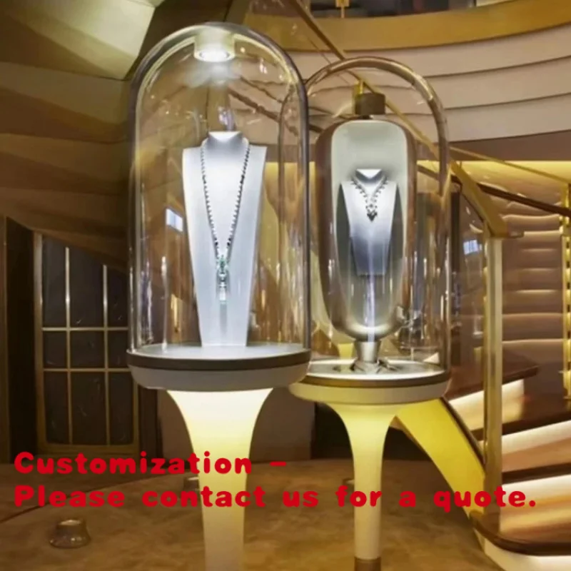 custom.Modern Luxury Round Tempered Glass Jewelry Showcase Stainless Steel and MDF with LED Lighting Store Retail Mall