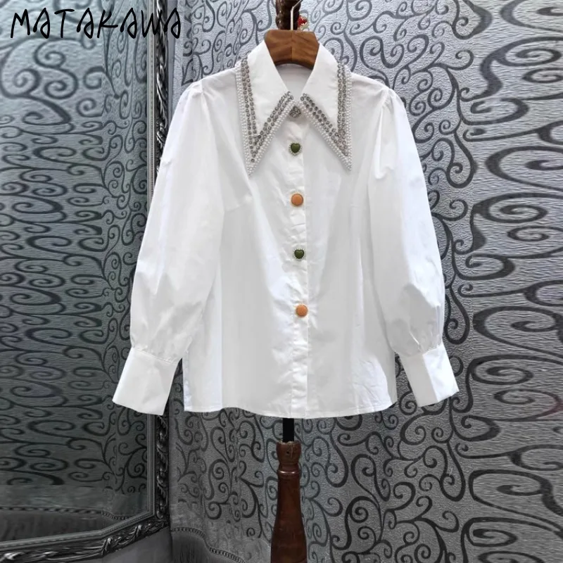 

Matakawa Women Shirts&blouses Solid Beading Vintage Spring Autumn Elegant Blusas Mujer Korean Fashion Sweet Chic Camisas