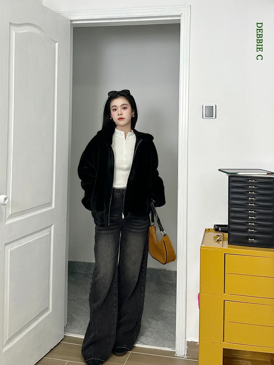 

Джинсы Debbie C с высокой талией, широкими штанинами, из черного денима, с эффектом потертости, бархатистой текстурой, зимние длинные брюки для женщин, модные