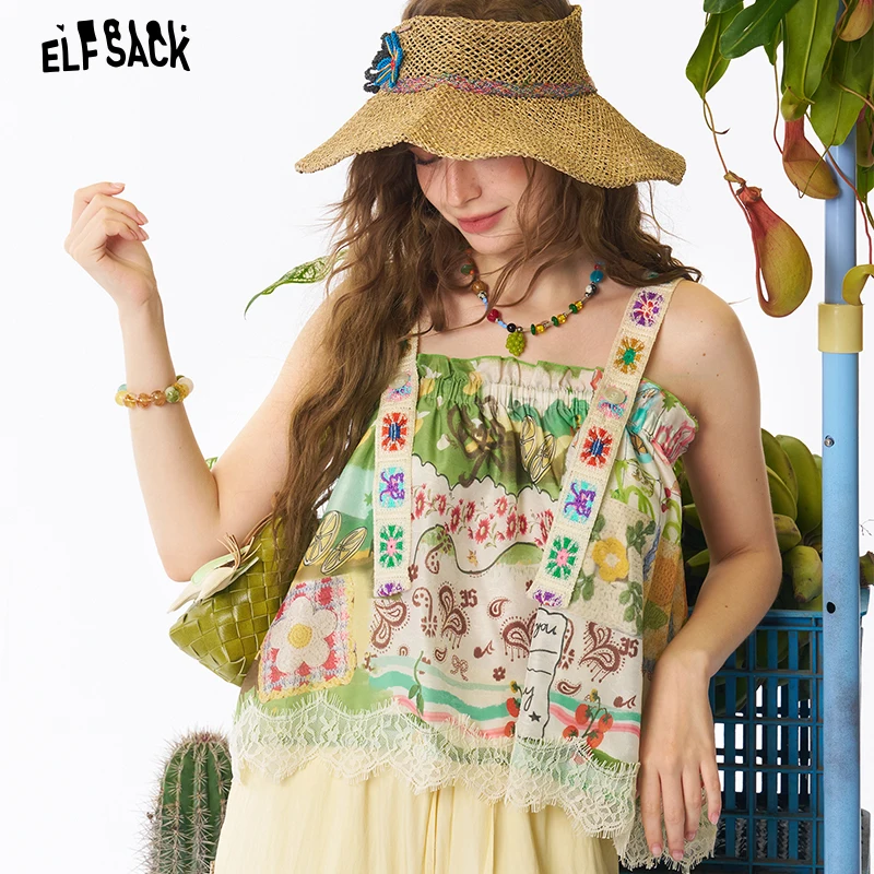 ELFSACK Women's Loose Fit Cami Tank Top with Patchwork Cartoon Landscape Print, Lace Strap Sleeveless Blouse for Summer