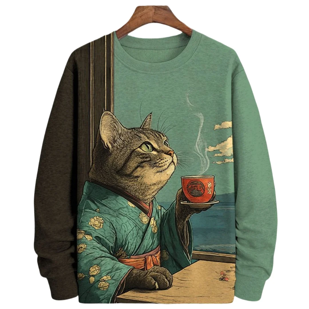 Japanese Samurai Cat Print Men\'s Sweatshirts Cotton Round Neck Long Sleeve Loose Pullover Autumn Oversized Men Clothing Tops 5XL