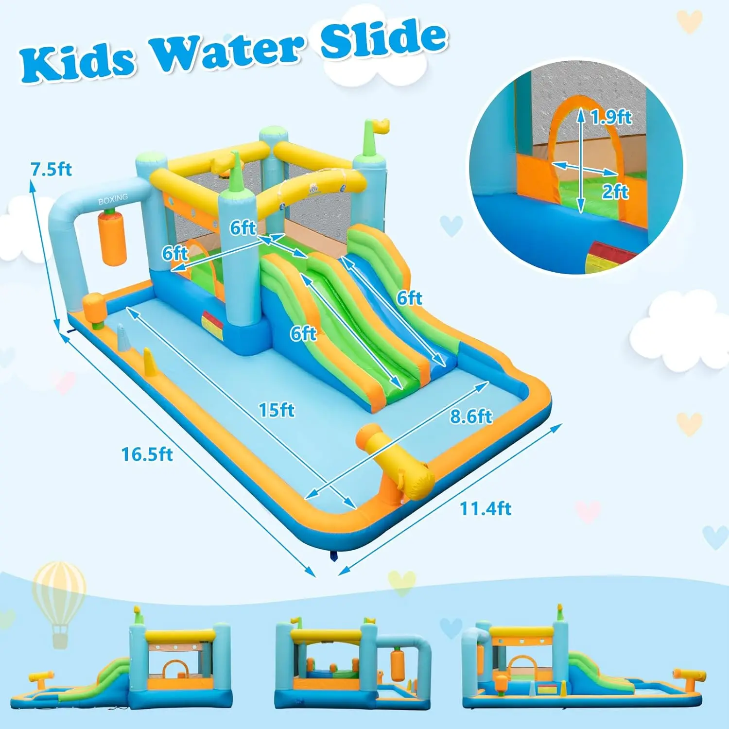 Glissière d'eau gonflable, maison de rebond d'eau sur le thème de la boxe avec toboggan pour enfants, arrière-cour, souffleur de 735W, château pour diabétique