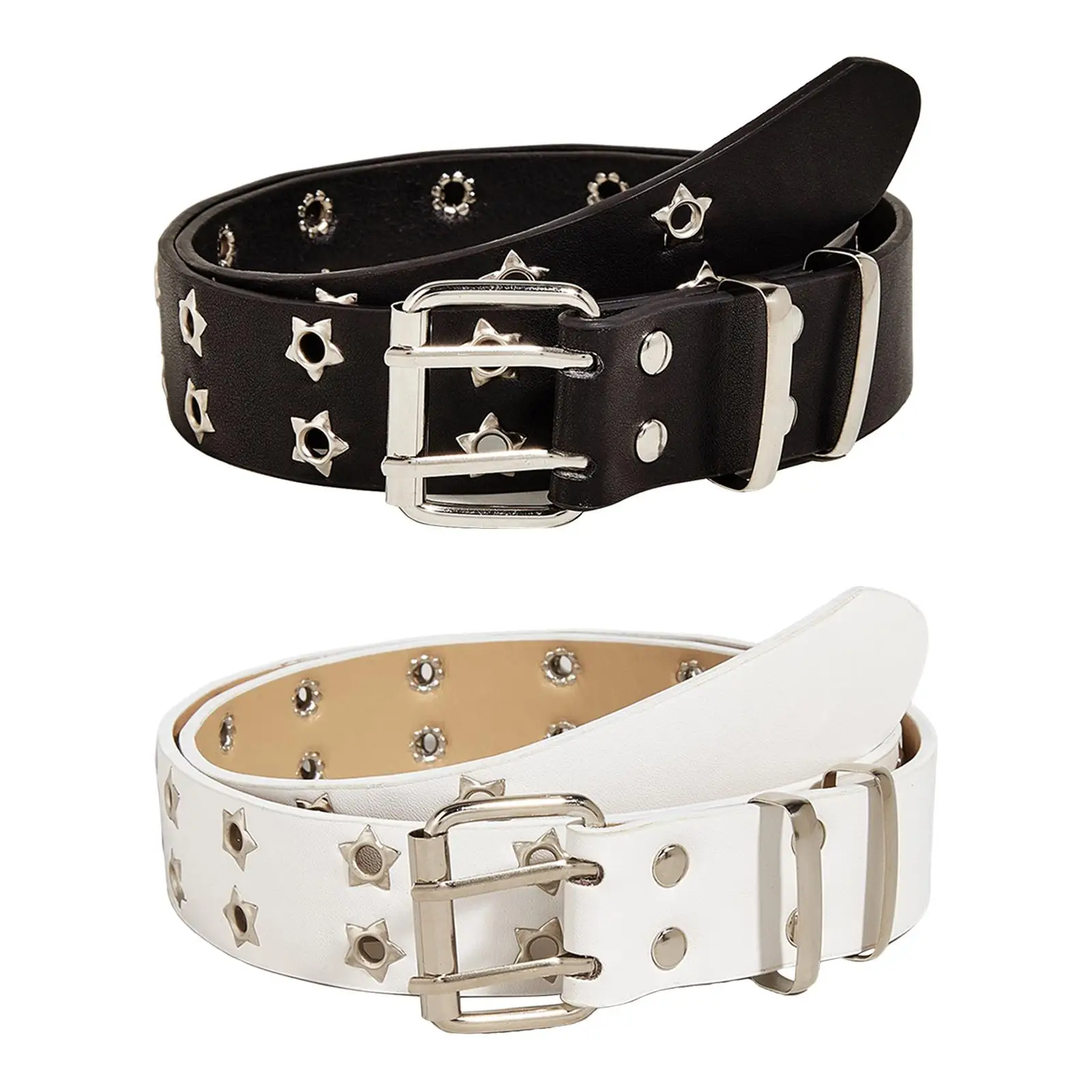 Fashion Women Leather Belt Double Grommet Belt Metal Buckle Gothic Punk Belt