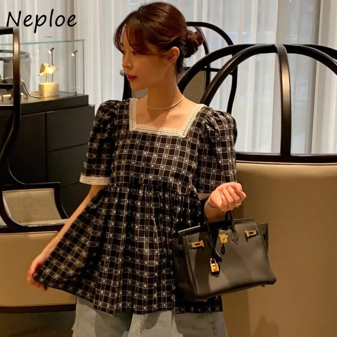 

Neploe Square Collar French Style Elegant Half Sleeve Shirt Peter Pan Ball Gown All-match Blusas Korea Chic Sweet Simple Mujer