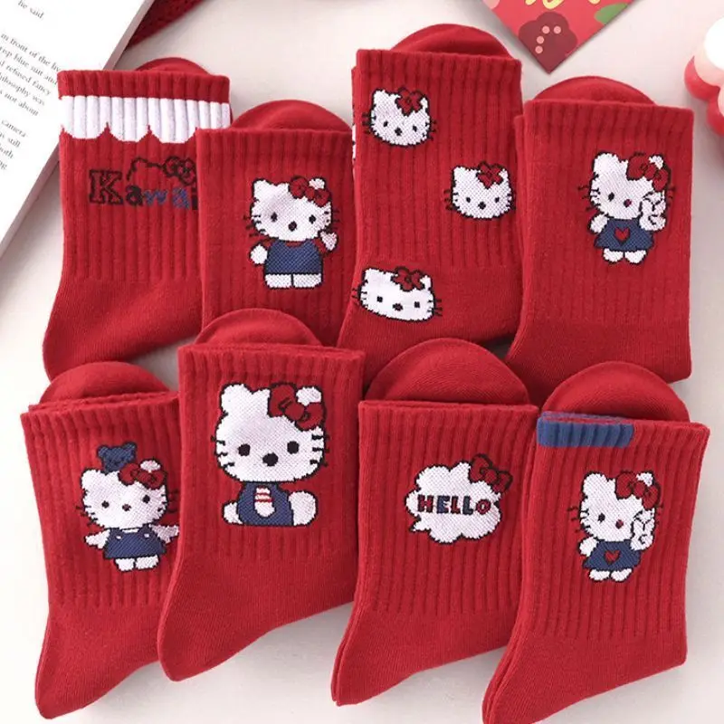 New Hello Kitty Red Socks Winter Mid Tube Cartoon Cute Hello Kitty Cat Comfortable Cotton New Chinese New Year Super Cute Socks