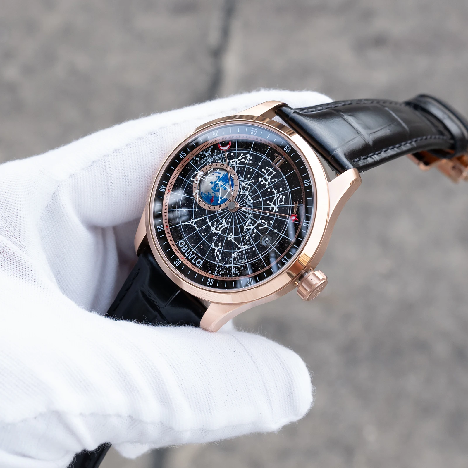 OBLVLO Mens Luxury Rose Gold Mechanical Watch Luminous Black Dial with Crystal Bezel Leather Strap Earth Star Automatic Clock GC
