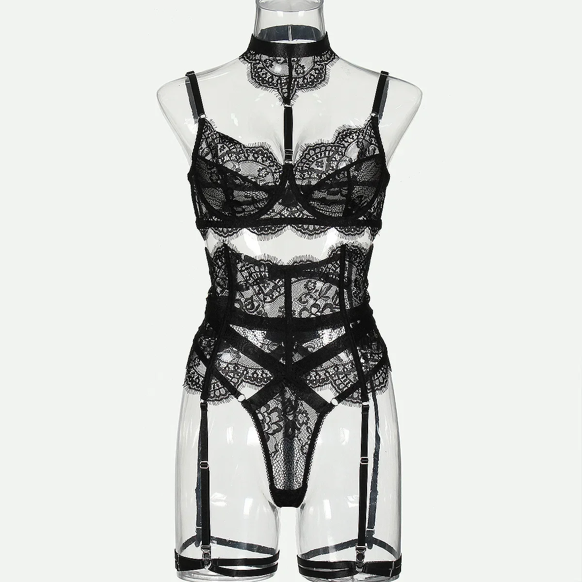 New lace pick-up body sculpting sex set perspective neck sexy underwear four-piece set lace bodysuit  body suit  sexy lingerie