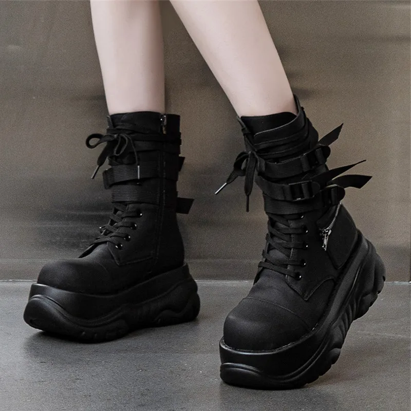 Thick Soled Personality Internet Celebrity Same Female Punk Dark Thin Heightening Lace Pocket Locomotive High Heel Short Boots