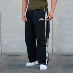 Men's sweatpants gym double young stitching printed casual pants gym fitness waist straight pants.