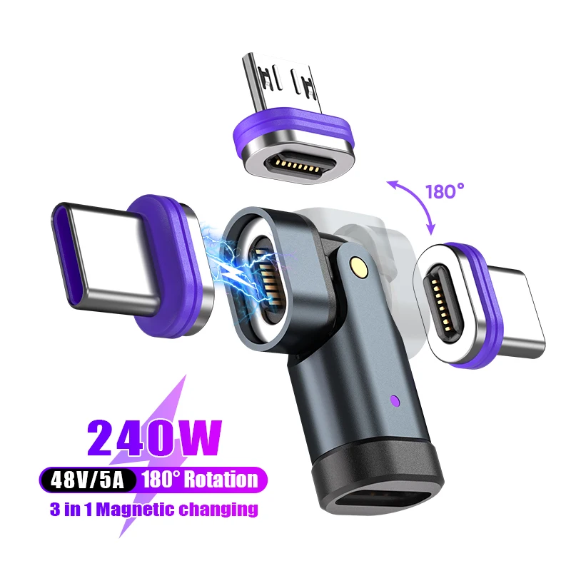 

USB C 240W Magnetic Charging Adapter 180 degree Rotation 2-in-1 Micro Type-C Suitable for Apple 15 Huawei Samsung Fast Transfer