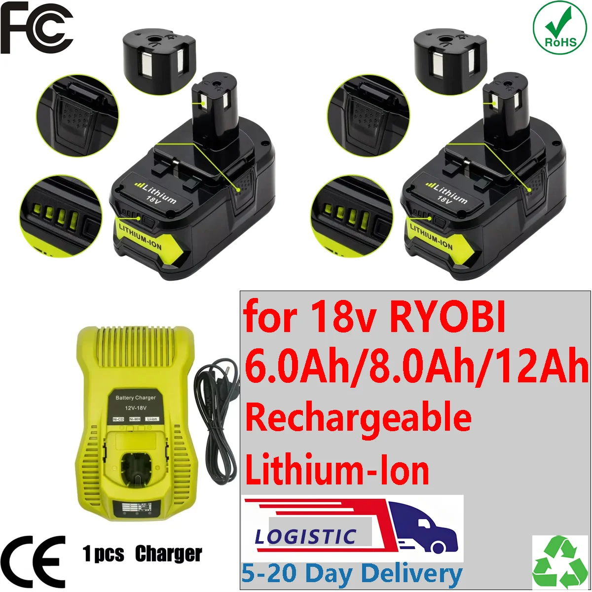 

Для литий-ионных электроинструментов 18 В RYOBI 6,0 Ач/8,0 Ач/12 Ач, зарядное устройство, замена P104 P107 RB18L50 RB18L20 P108 18 В One+ Plus