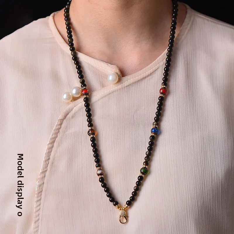 Chinese Style Lucky Gold Sheen Obsidian Beaded Necklace 6mm Beads Adjustable Quick Release Clasp For Thangka Amulet Buddha Penda view 3