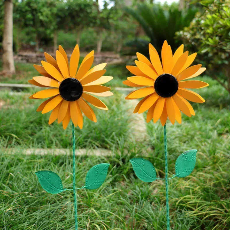 75x20cm Sunflower Windmill Metal Rotating Sunflower Wind Spinner With Stake Standing Lawn Flower Pinwheel Outdoor Garden Decor