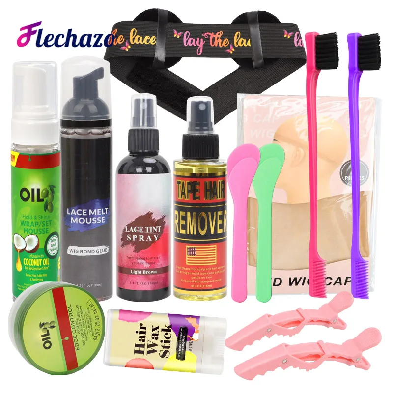 14Pcs Wig Kit For Beginners Edge Control Hair Wax Stick Hair Mousse Lace Melt Mousse Lace Tint Spray Tape Hair Remover Spray