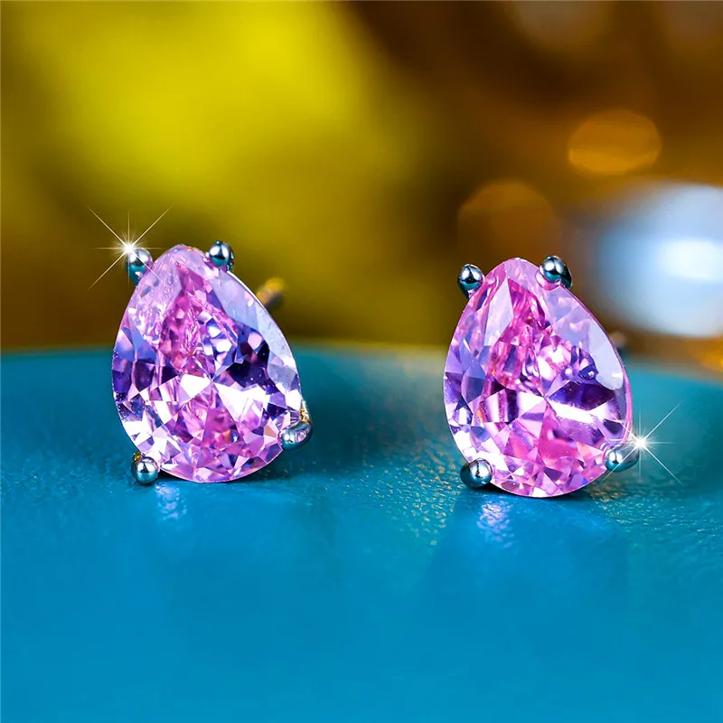 Luxury Female Pink Stone Stud Earrings Silver Color Zircon Wedding Jewelry For Women