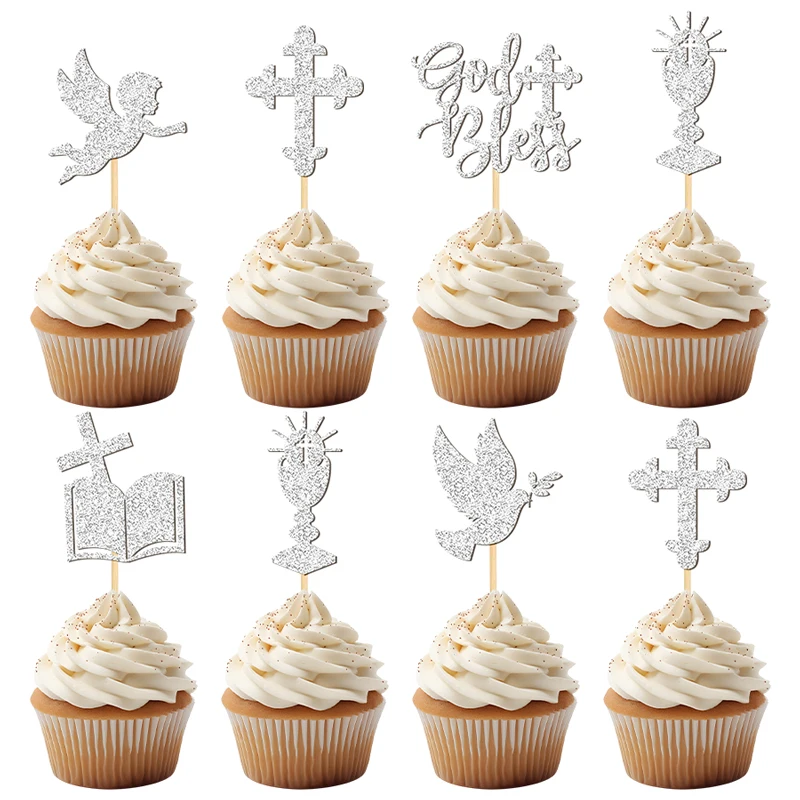 YOMDID 24 Stück Göttliche Cupcake-Topper, glitzerndes Design, Kuchendekoration für Taufe, Dusche, Taube, Engel, Kelch, Bibel, Kreuz – Detail 7