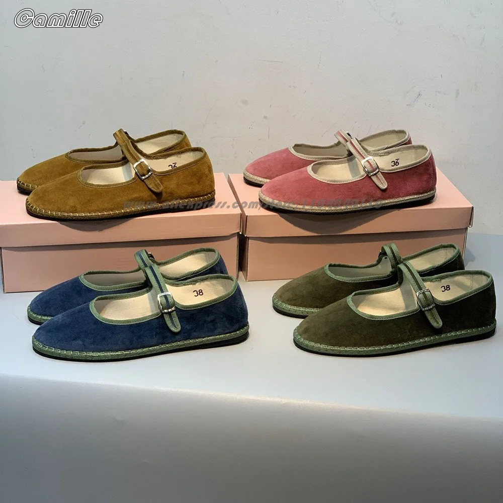 

Cow Suede Belt Buckle Strap Shallow Lady Flat Shoes Round Toe All-Match Casual Shoes Size 35-40 One Word Belt Grace Flats