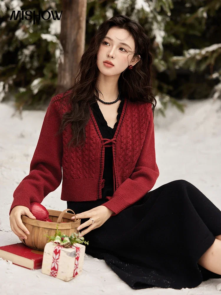 MISHOW Red Knitted Cardigan V-Neck Midi Dresses Separately A-LINE Temperament Grace Dress Flower Lace-up Warm Coat MXD58L2085