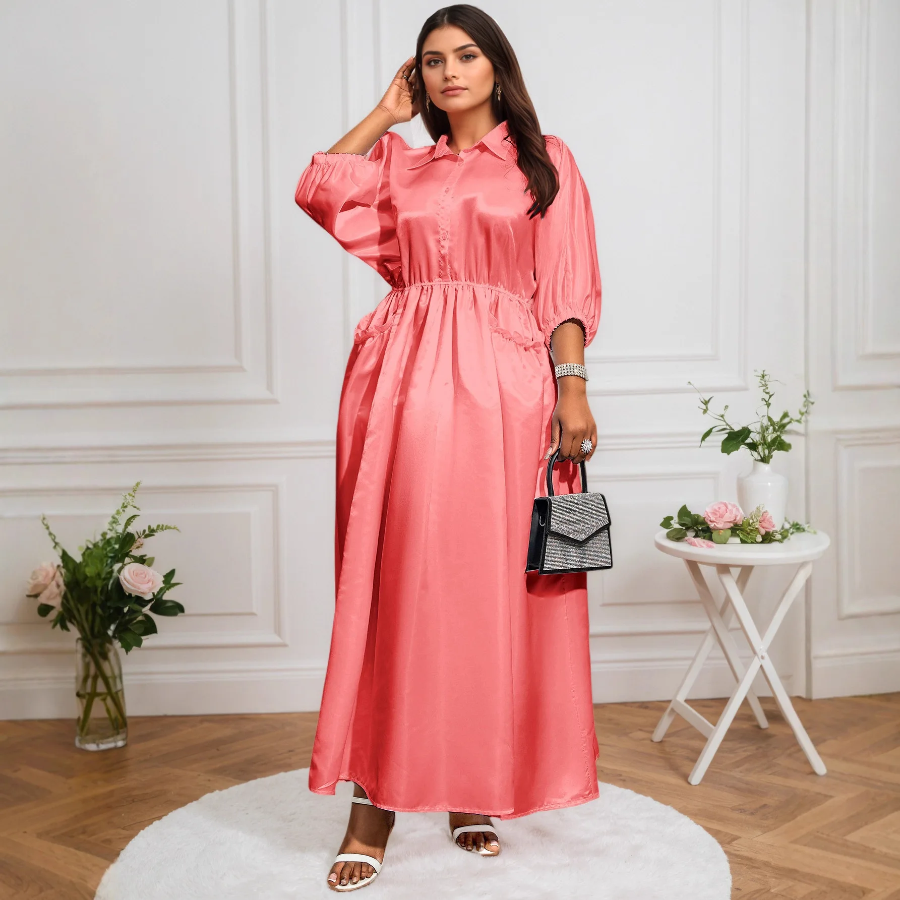 

Plus Size Women's Satin Shirt Collar Dress Mid-sleeve Waist-cinching Slimming Long Elegant Dress Summer Elegantes Casual Y2K