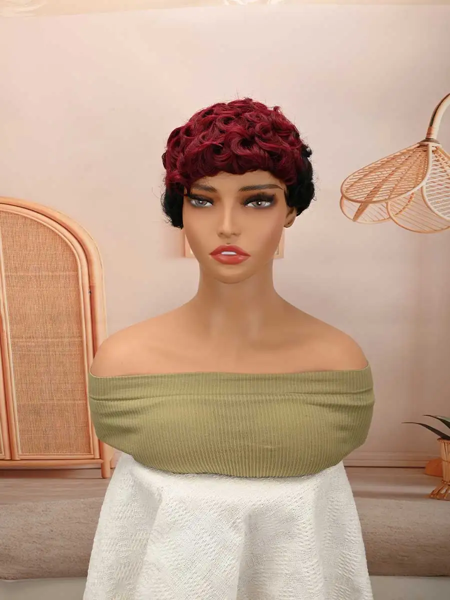 Short Curly Headband Wigs for Women 2 Tone Burgundy Black Ombre Pixie Wig Synthetic Wig Natural Looking Daily Party Wig