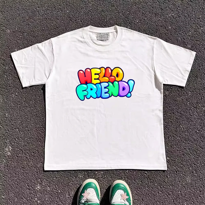  Hello Youth College Style Couple T-Shirts 260G Heavyweight Short Sleeve Men's Women's Fashion Sun Protection Clothing