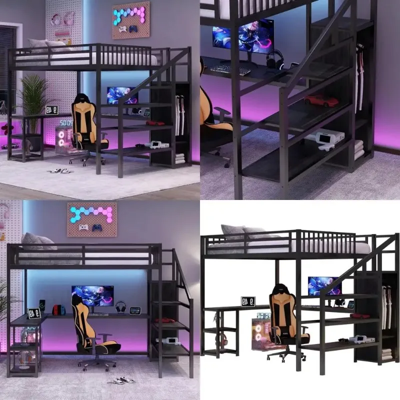

Size Gaming Loft Bed with LED Lighting, Sturdy Frame, Stairs, Wardrobe, and Storage