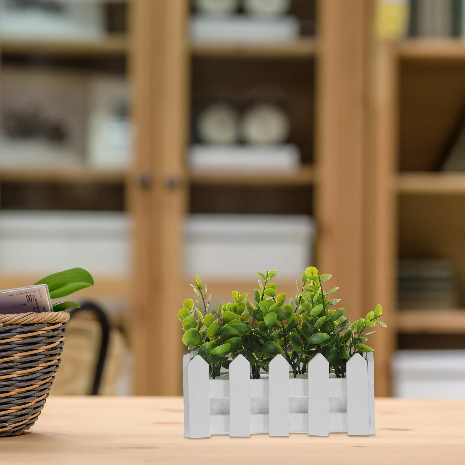 Artificial Eucalyptus Plant Mini Faux Tree Wood Fence Decor Fake Greenery for Desk Bookshelf Lifelike Easy Care